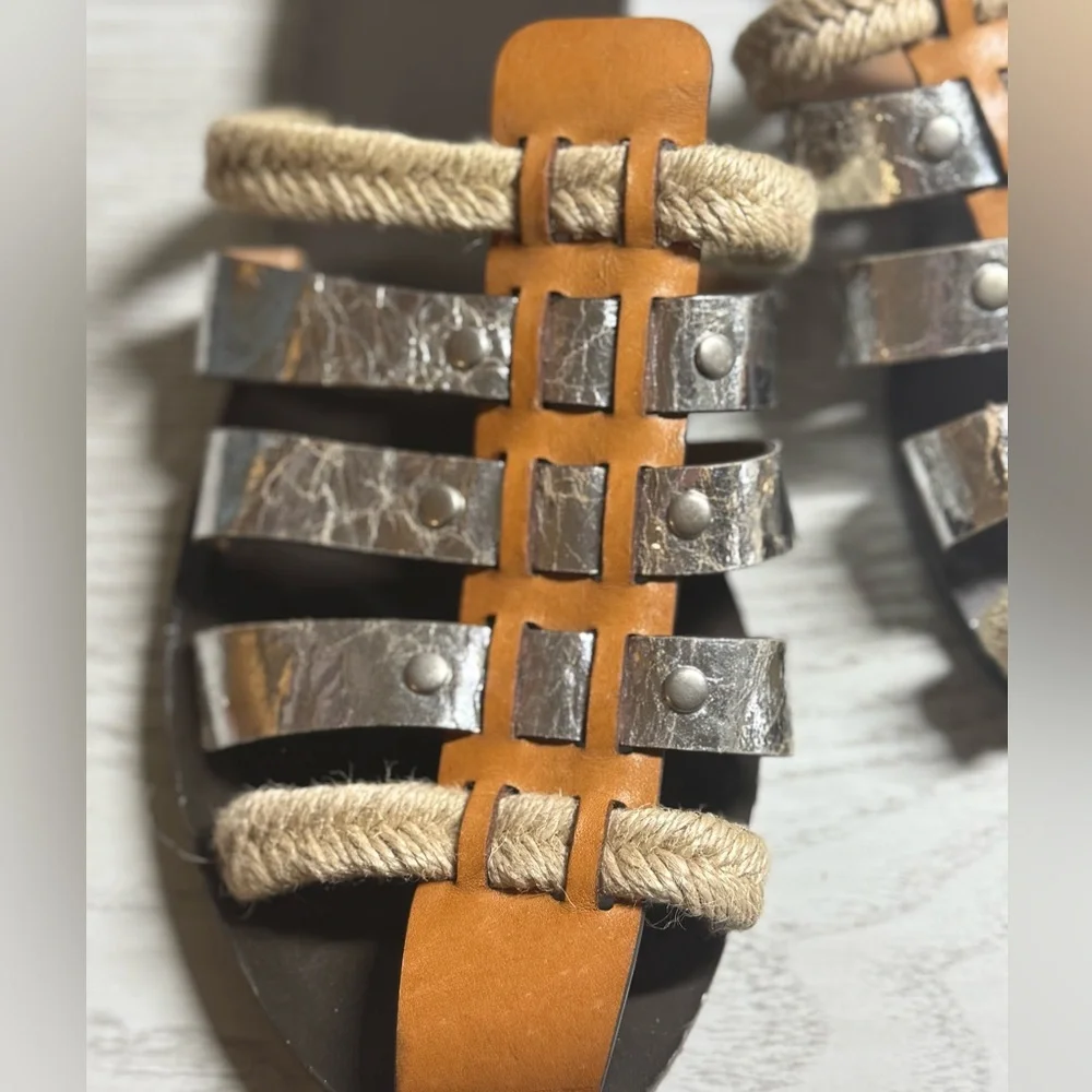 Tory Burch Fisherman Mule Sandals Silver & Tan Leather Slip-On Shoes Size 10M